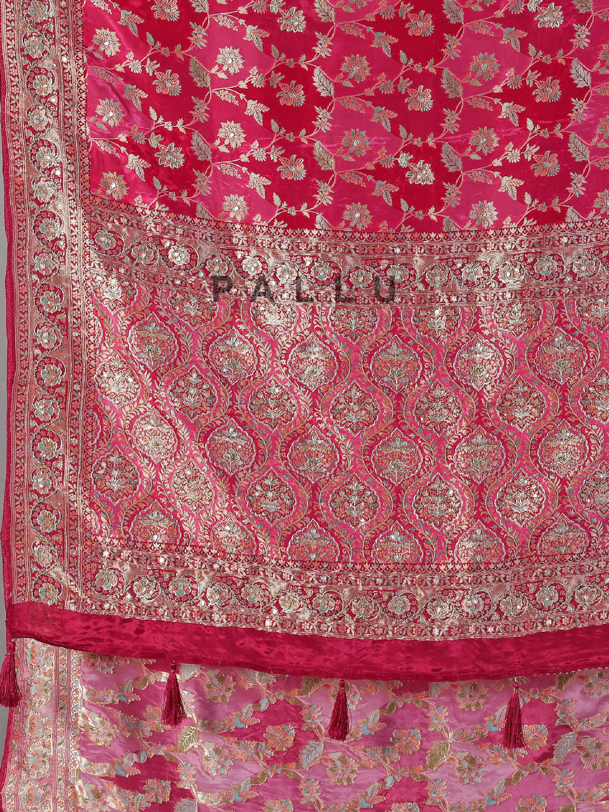 Rani pink satin silk saree with elegant gota and zardosi work