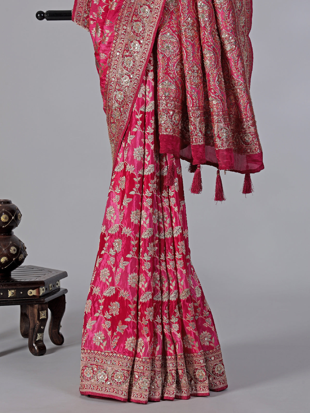 Rani pink satin silk saree with elegant gota and zardosi work