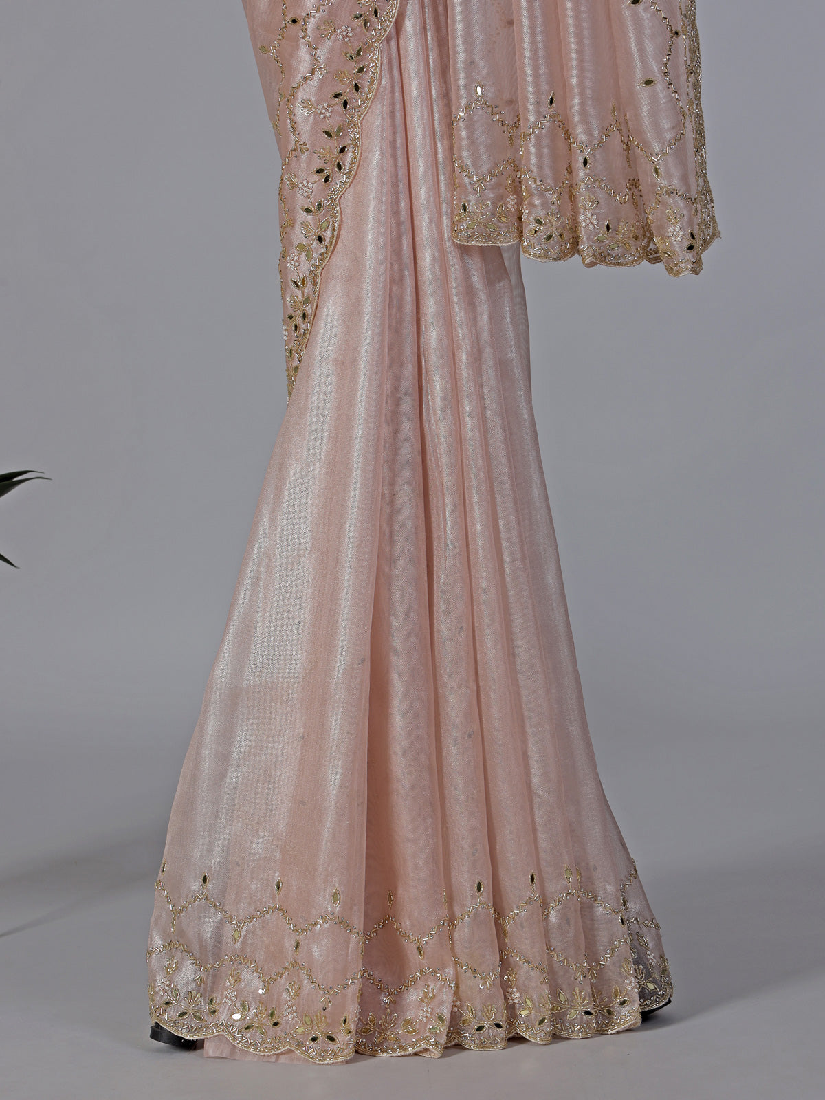 Peach tissue silk mirror worked saree