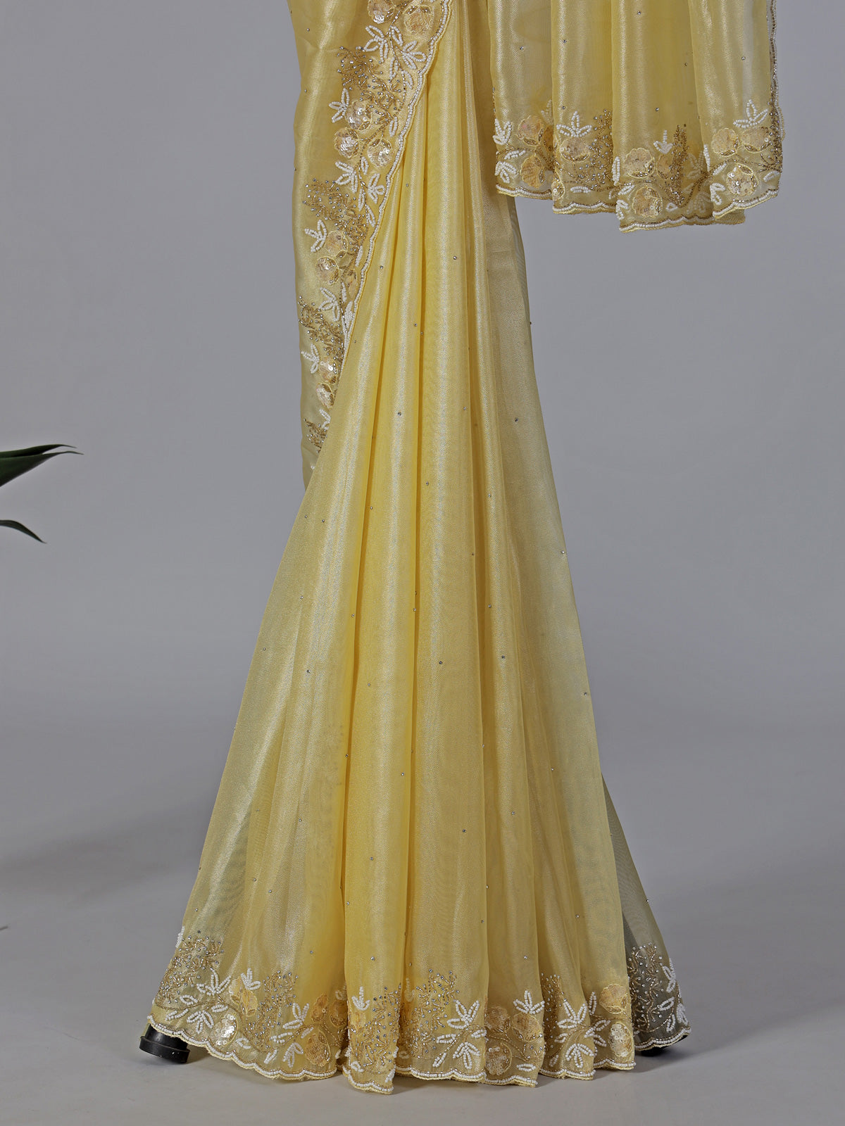 Yellow tissue silk haldi wedding saree