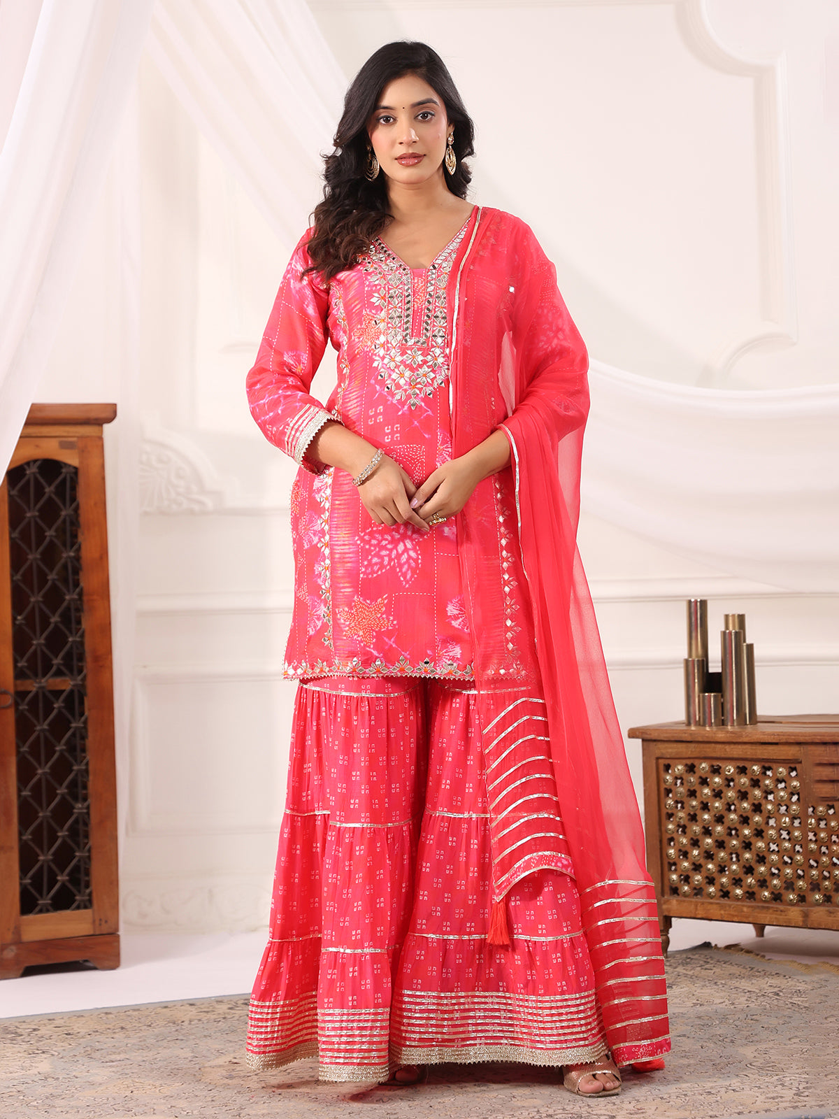 Pink cotton silk printed festive sharara set
