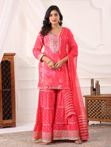 Pink cotton silk printed festive sharara set