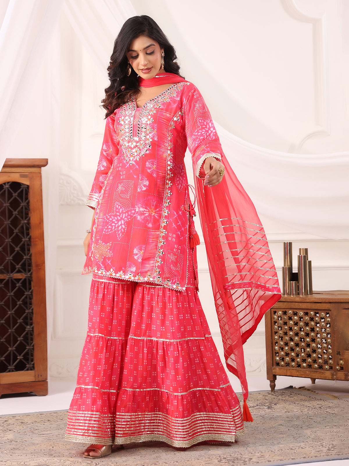 Pink cotton silk printed festive sharara set