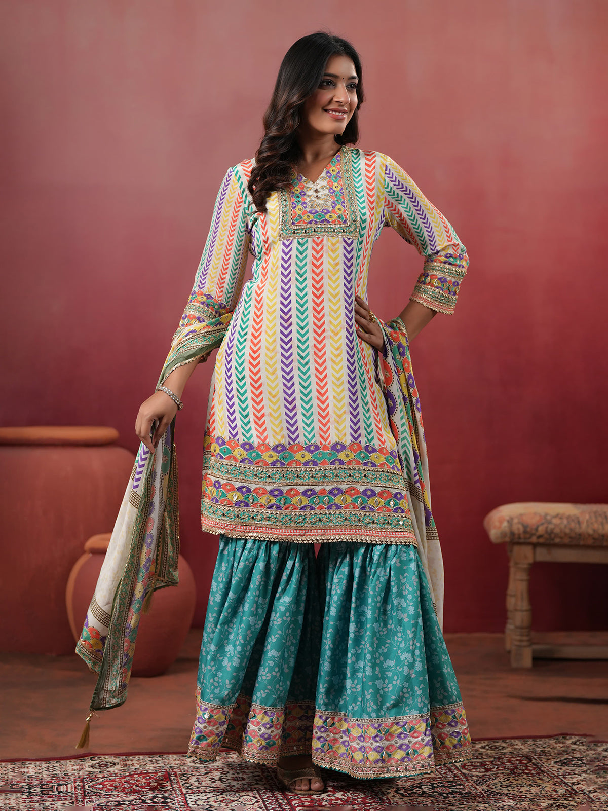 Light blue silk yoke style sharara set