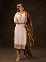 Beige crepe silk printed kurti set