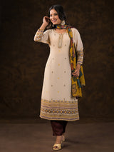 Beige crepe silk printed kurti set