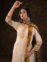 Beige crepe silk printed kurti set