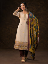 Beige crepe silk printed kurti set