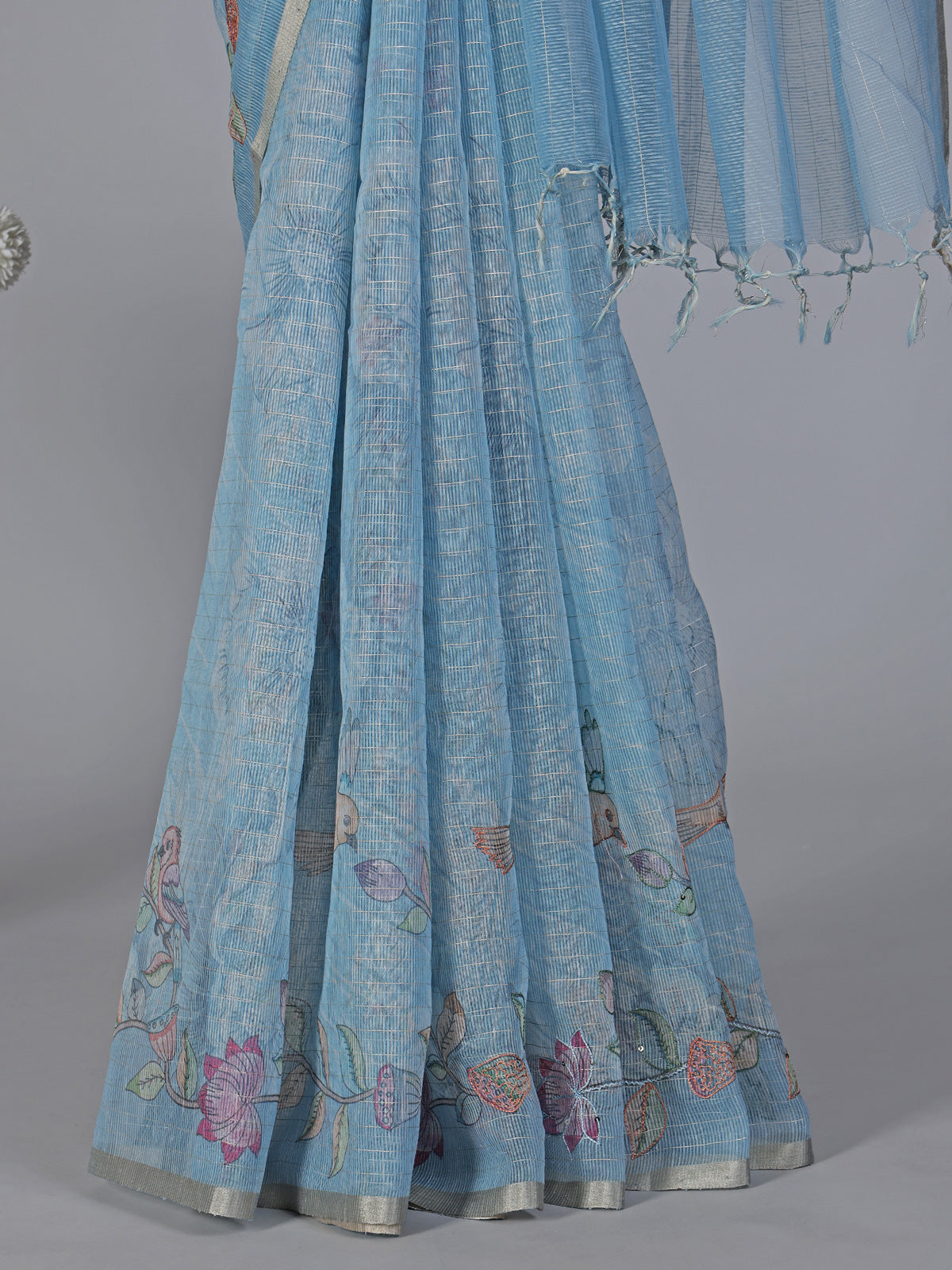 Sky blue floral cotton silk saree