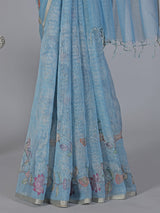 Sky blue floral cotton silk saree