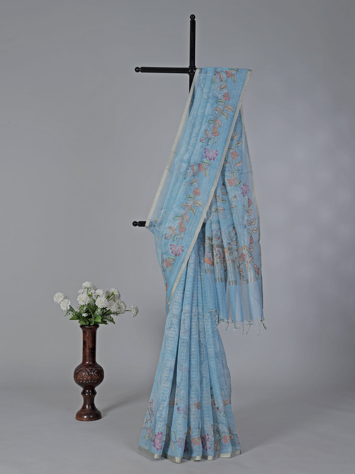 Sky blue floral cotton silk saree