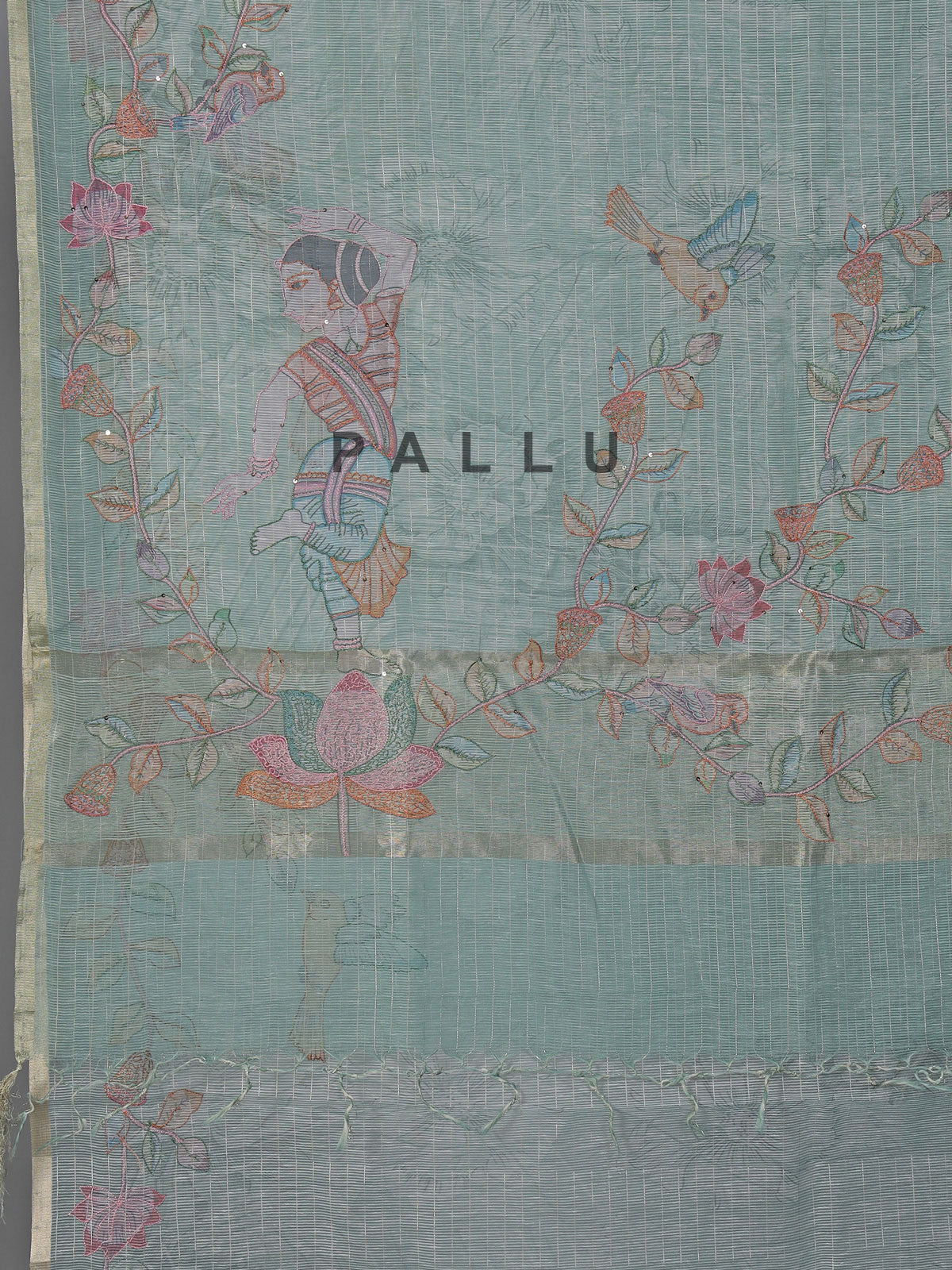 Mint green floral cotton silk saree