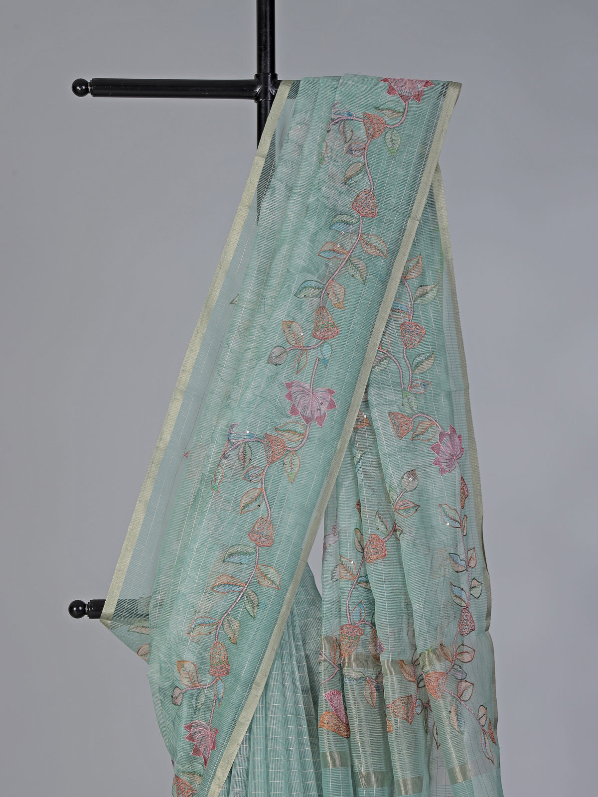 Mint green floral cotton silk saree