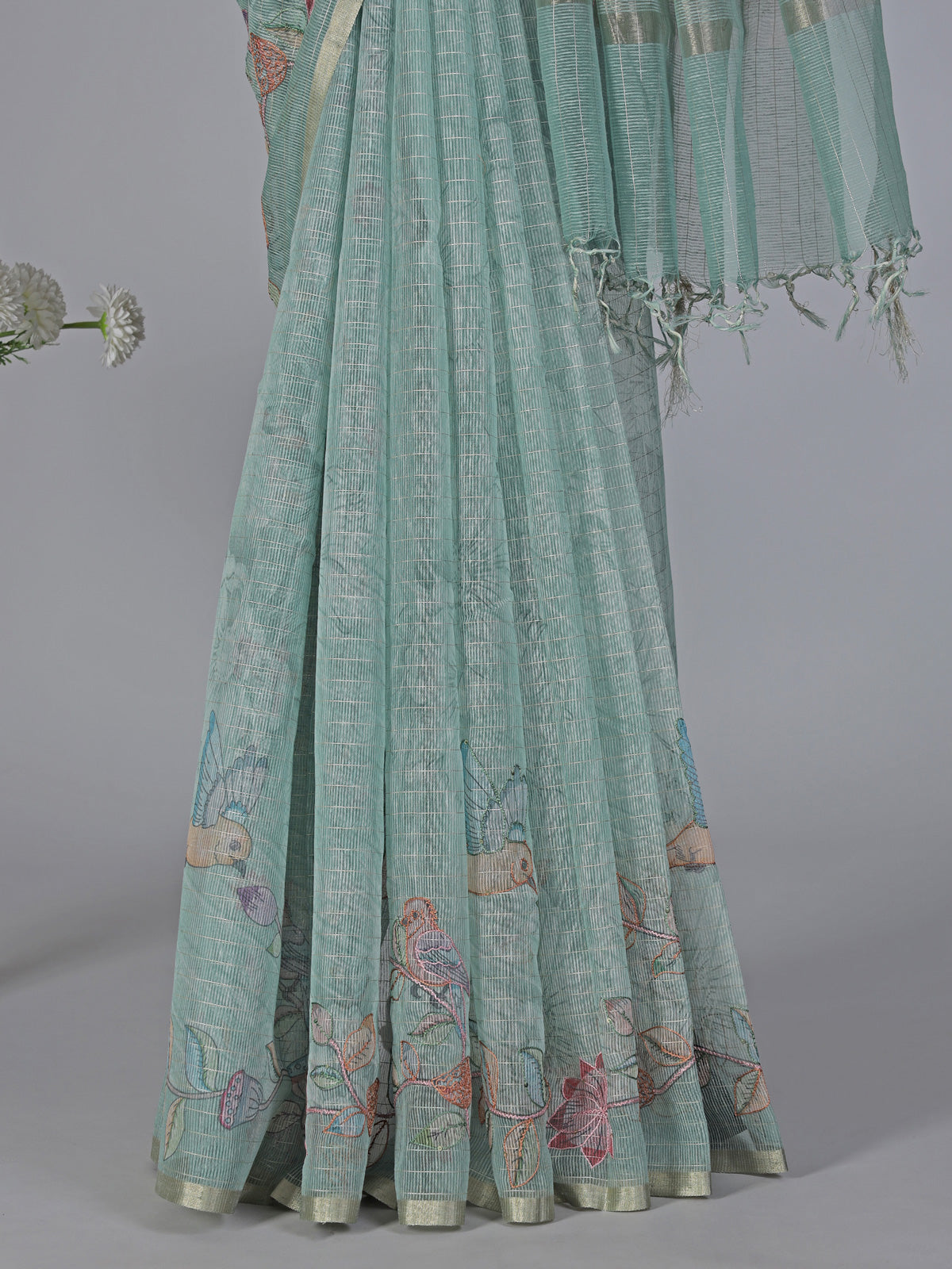 Mint green floral cotton silk saree