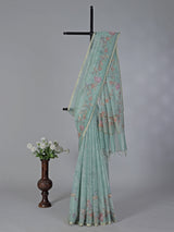 Mint green floral cotton silk saree