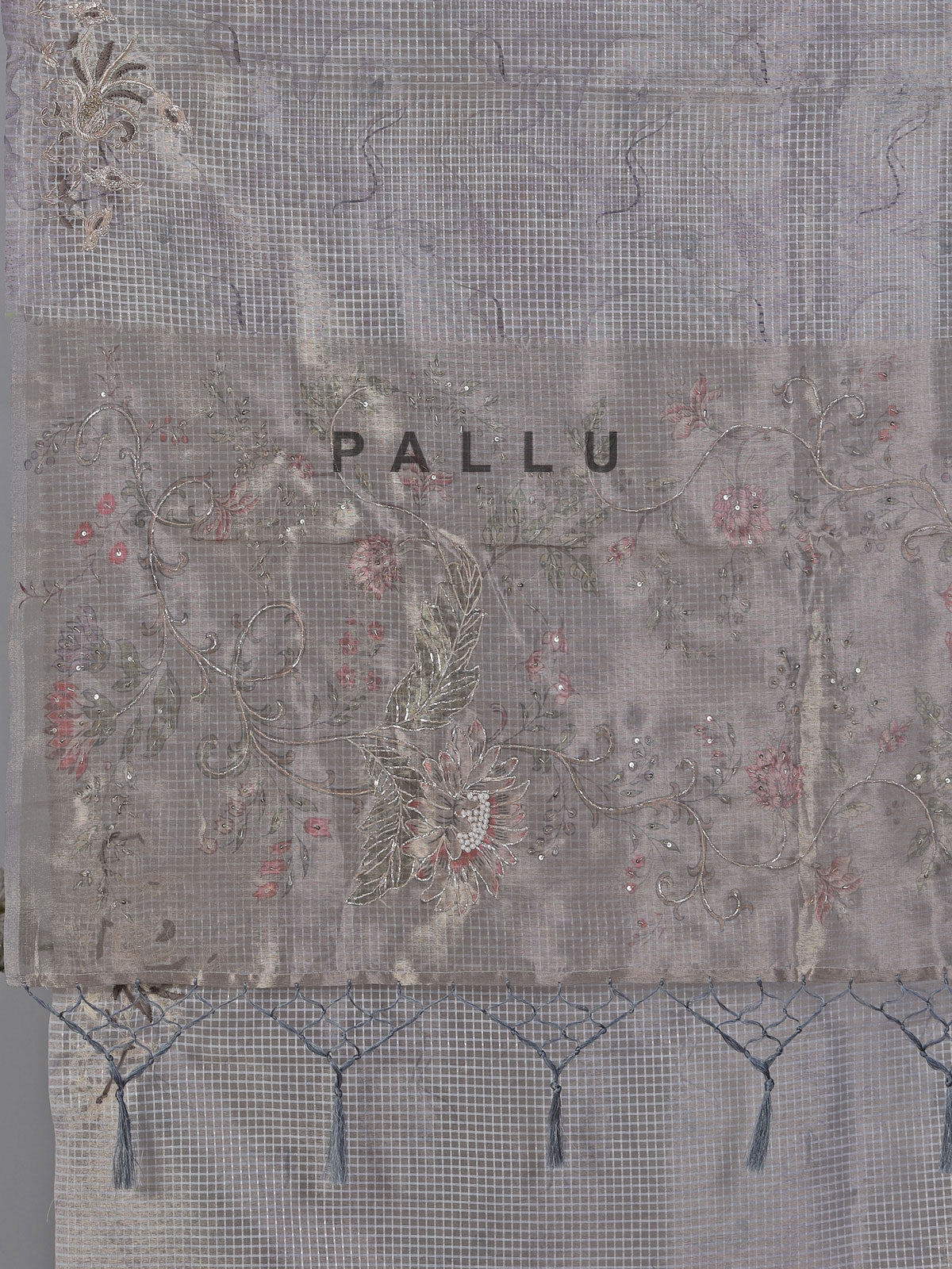Peach grey semi tissue silk zardosi saree