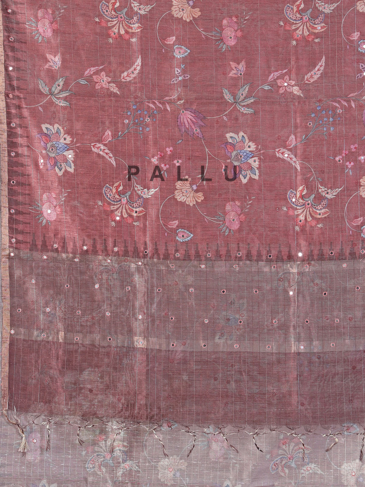 Brown floral printe and mirror work saree