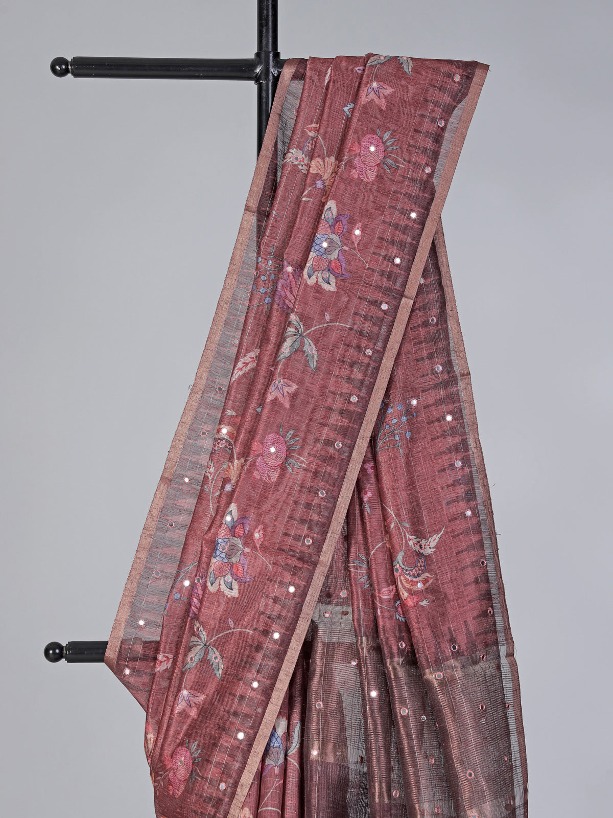 Brown floral printe and mirror work saree