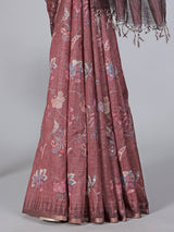Brown floral printe and mirror work saree