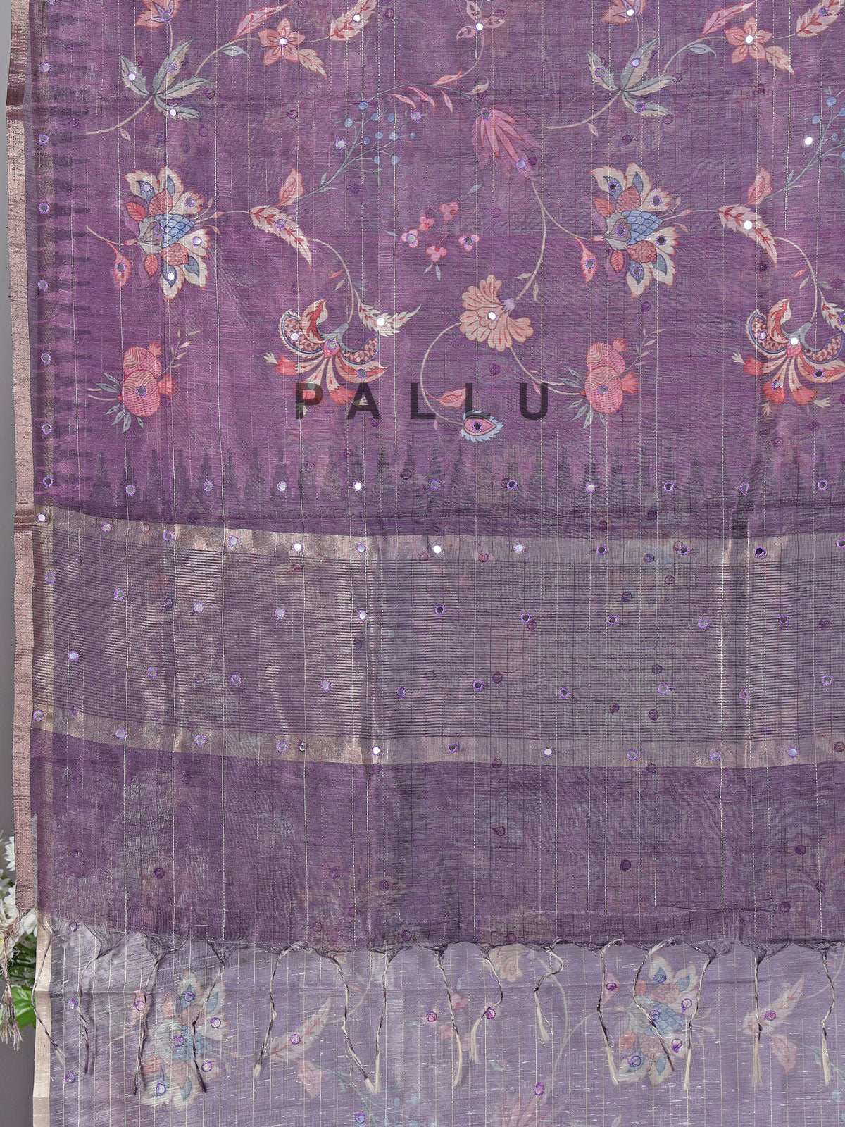 Purple floral printed mirror and zari work saree