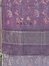 Purple floral printed mirror and zari work saree