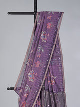 Purple floral printed mirror and zari work saree
