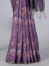 Purple floral printed mirror and zari work saree