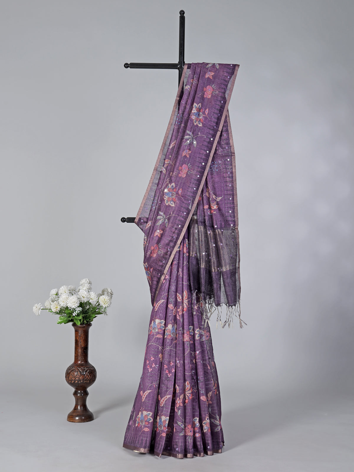 Purple floral printed mirror and zari work saree