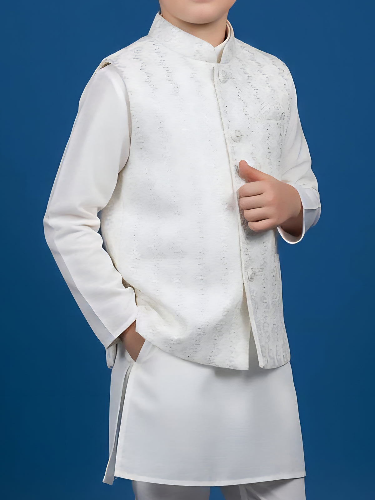 White printed cotton silk waistcoat churidar set