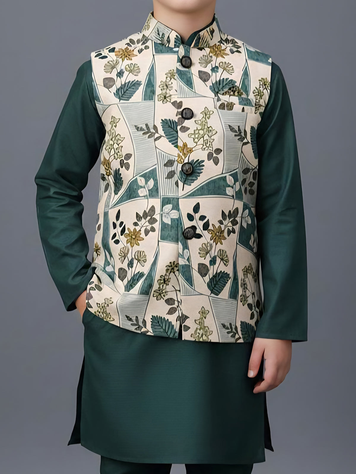 Bottle green floral printed silk blend waistcoat set