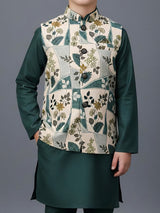 Bottle green floral printed silk blend waistcoat set