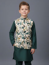 Bottle green floral printed silk blend waistcoat set