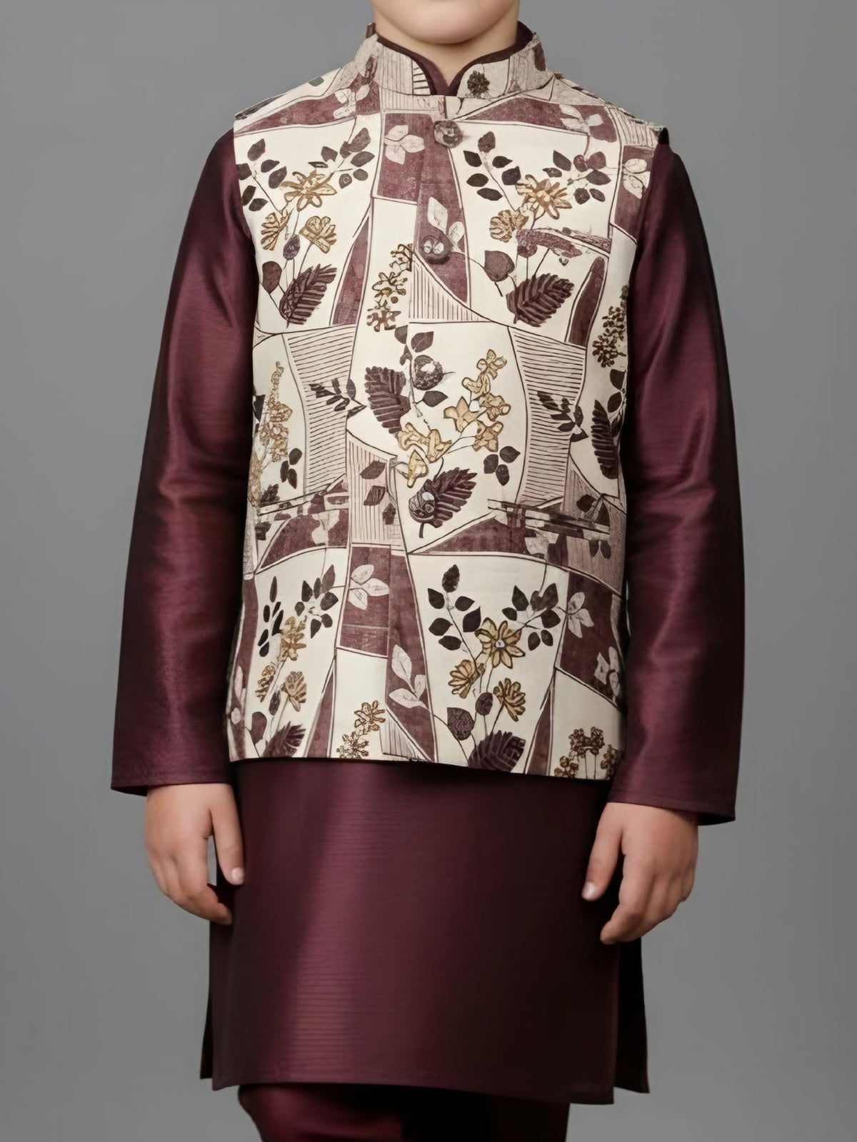 Wine floral printed silk blend waistcoat set