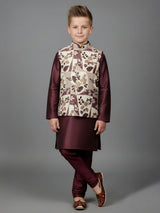 Wine floral printed silk blend waistcoat set
