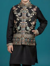 Black printed semi silk waistcoat set