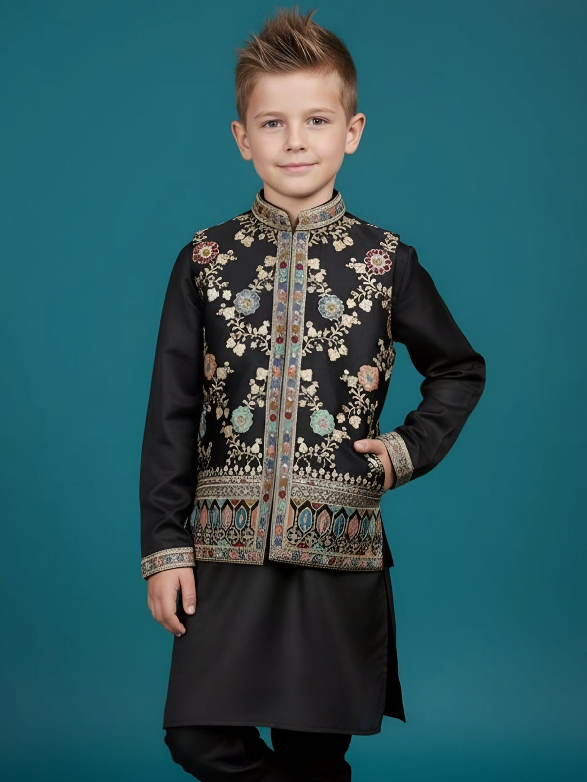 Black printed semi silk waistcoat set