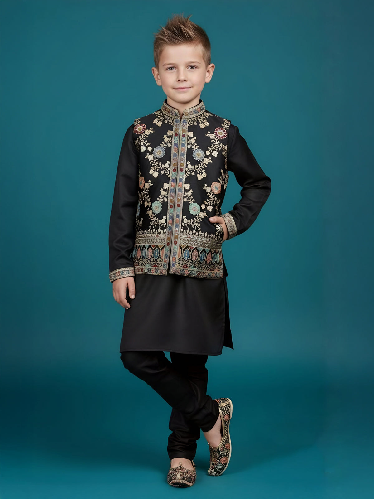 Black printed semi silk waistcoat set