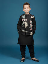 Black printed semi silk waistcoat churidar set