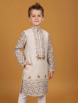 Beige printed kurta suit in cotton silk
