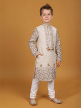 Beige printed kurta suit in cotton silk