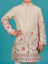 Beige printed silk blend kurta churidar suit