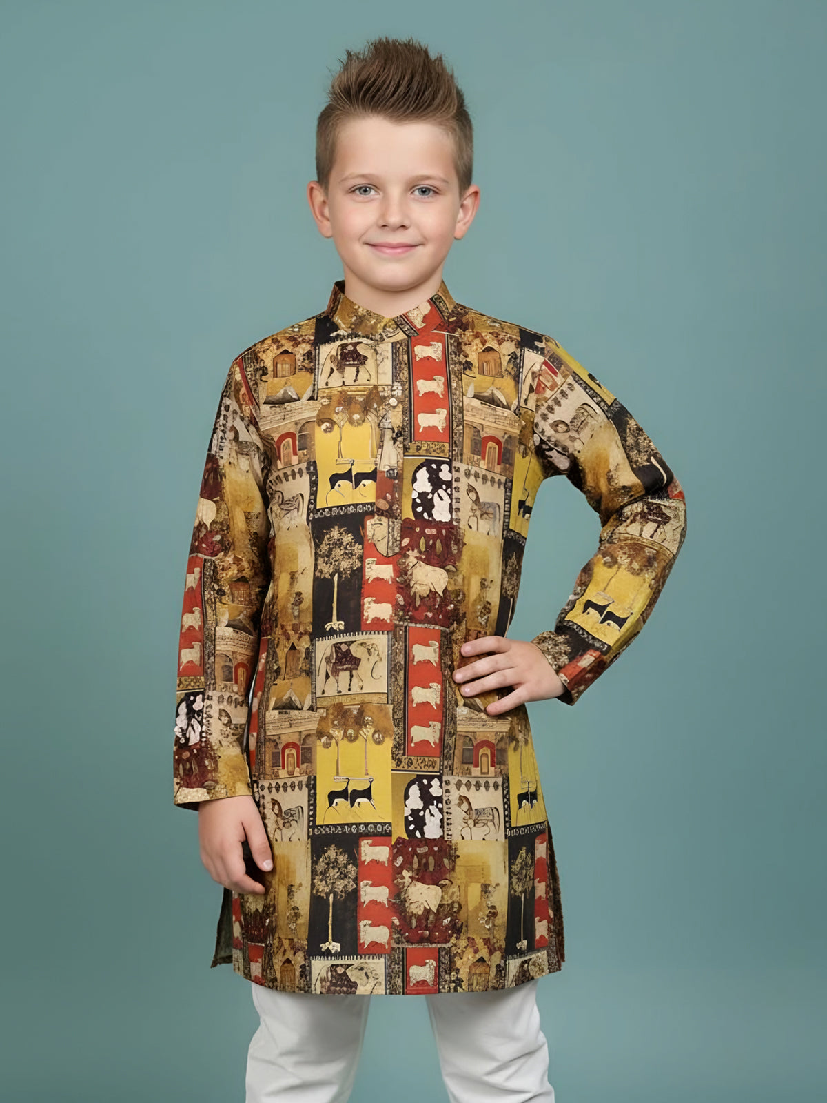 Multicolor printed cotton kurta churidar suit