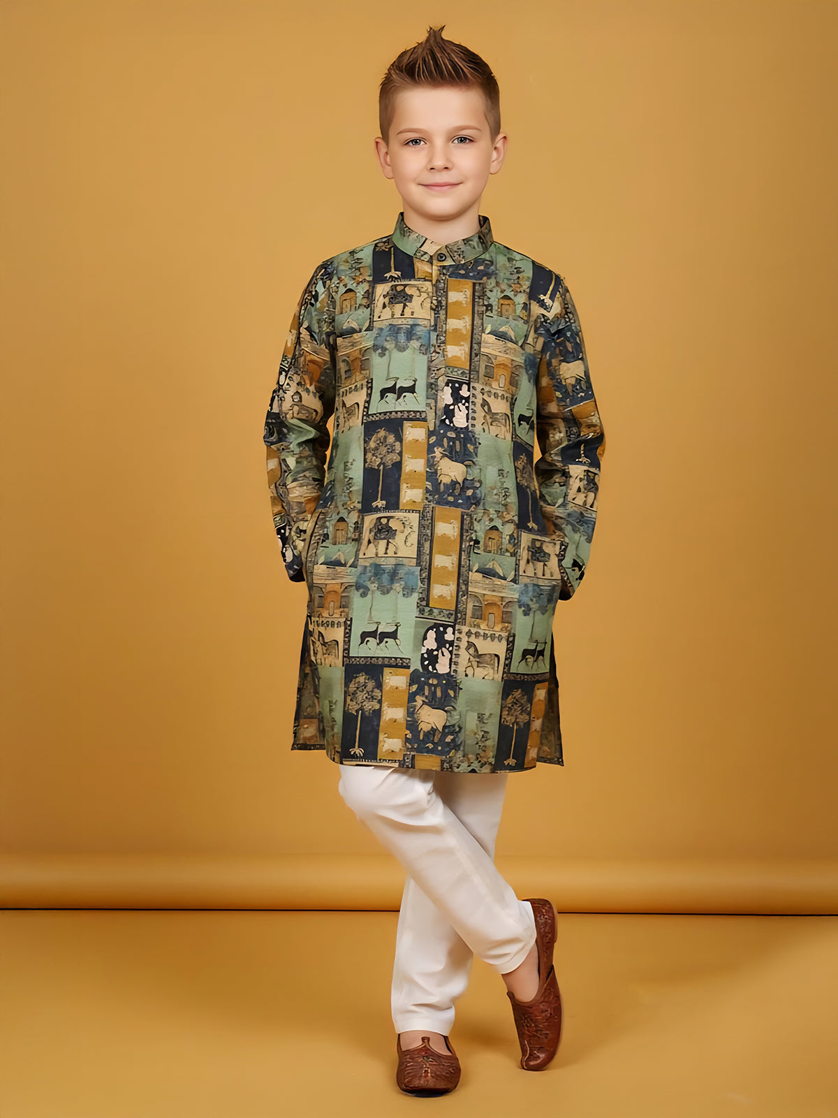 Mint green printed cotton kurta churidar suit