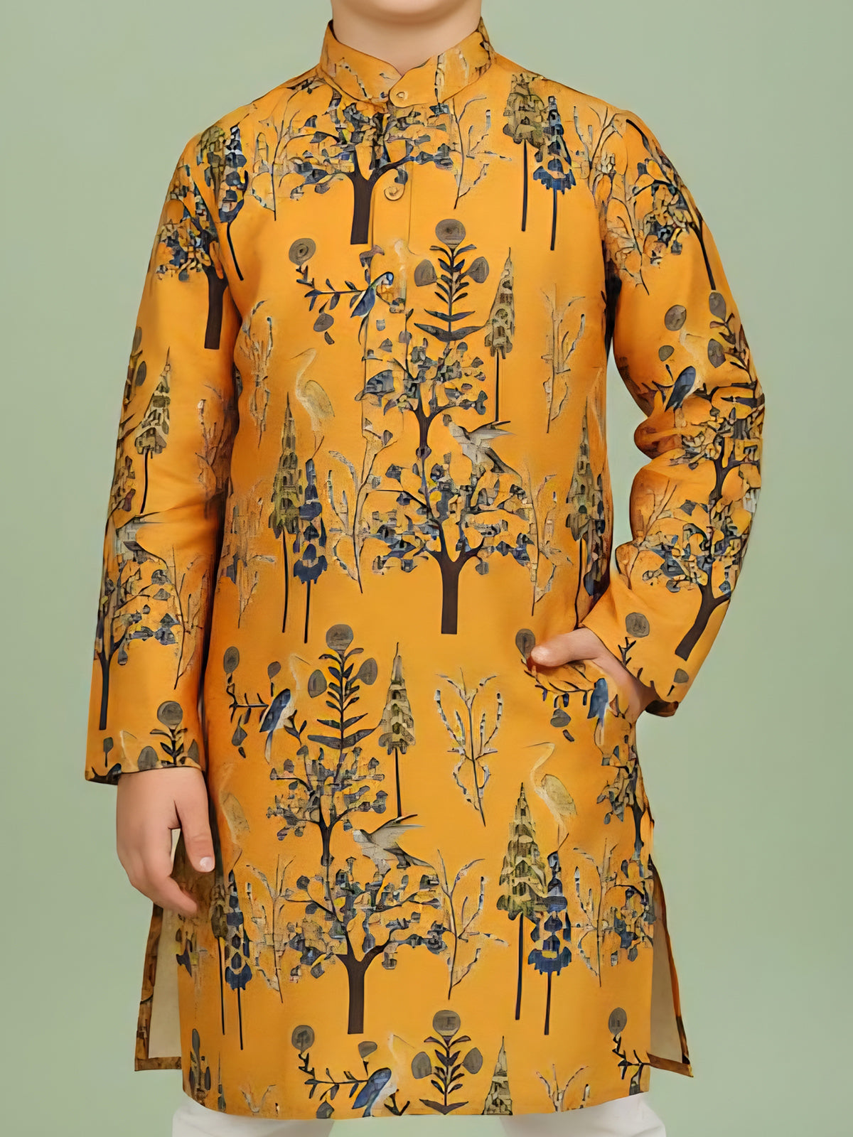 Mustard yellow cotton kurta suit with ptint