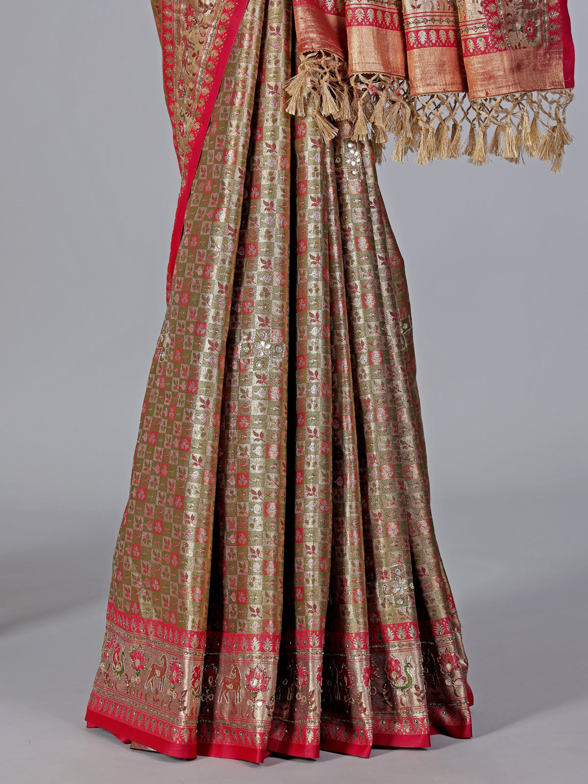 Olive kanjivaram silk embellished saree