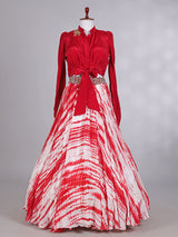 Red satin silk designer printed lehenga choli