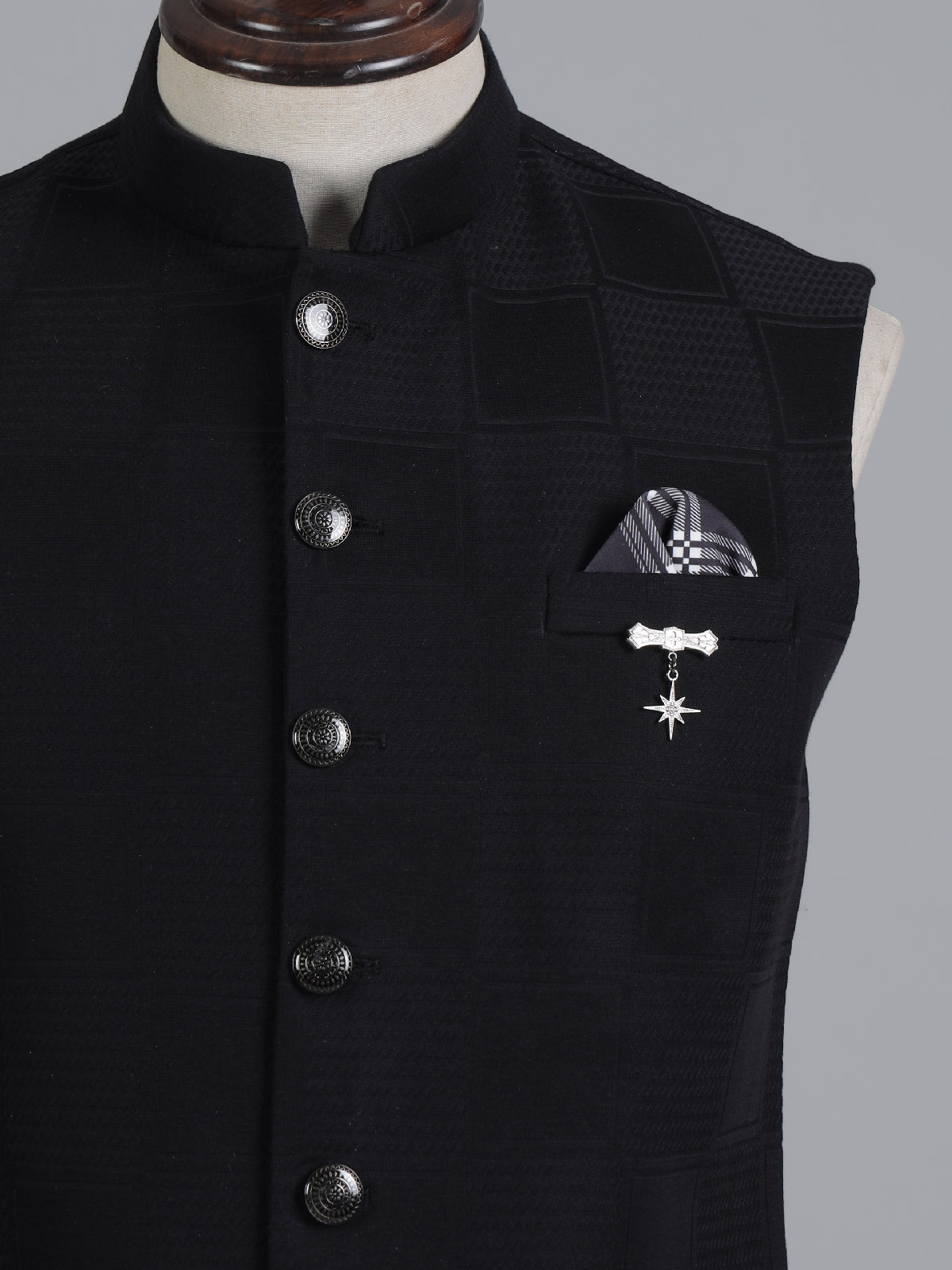 Black textured cotton silk waistcoat