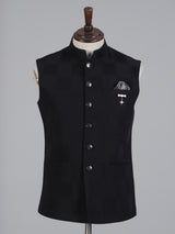 Black textured cotton silk waistcoat