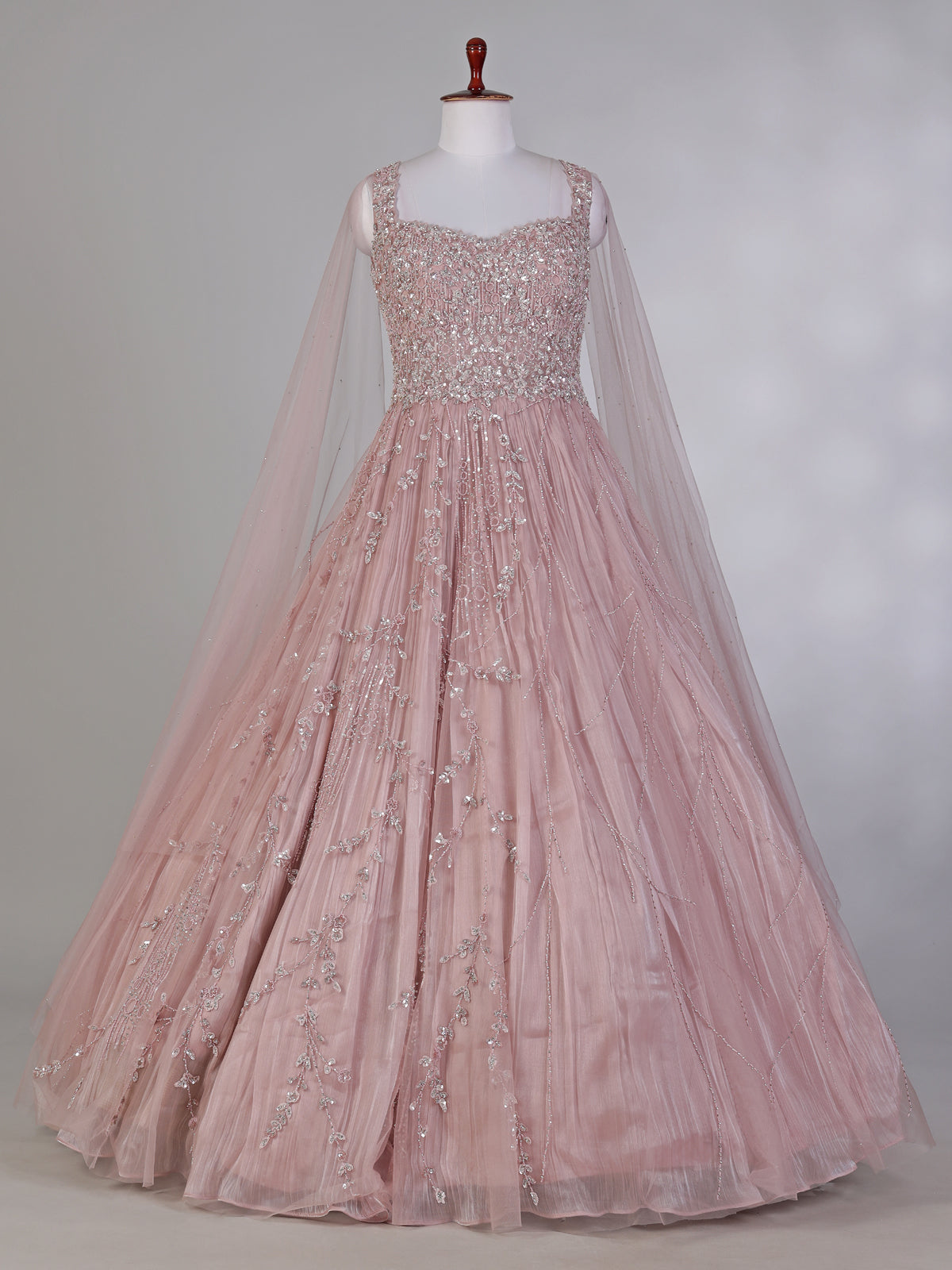 Onion pink net designer gown with diamond work