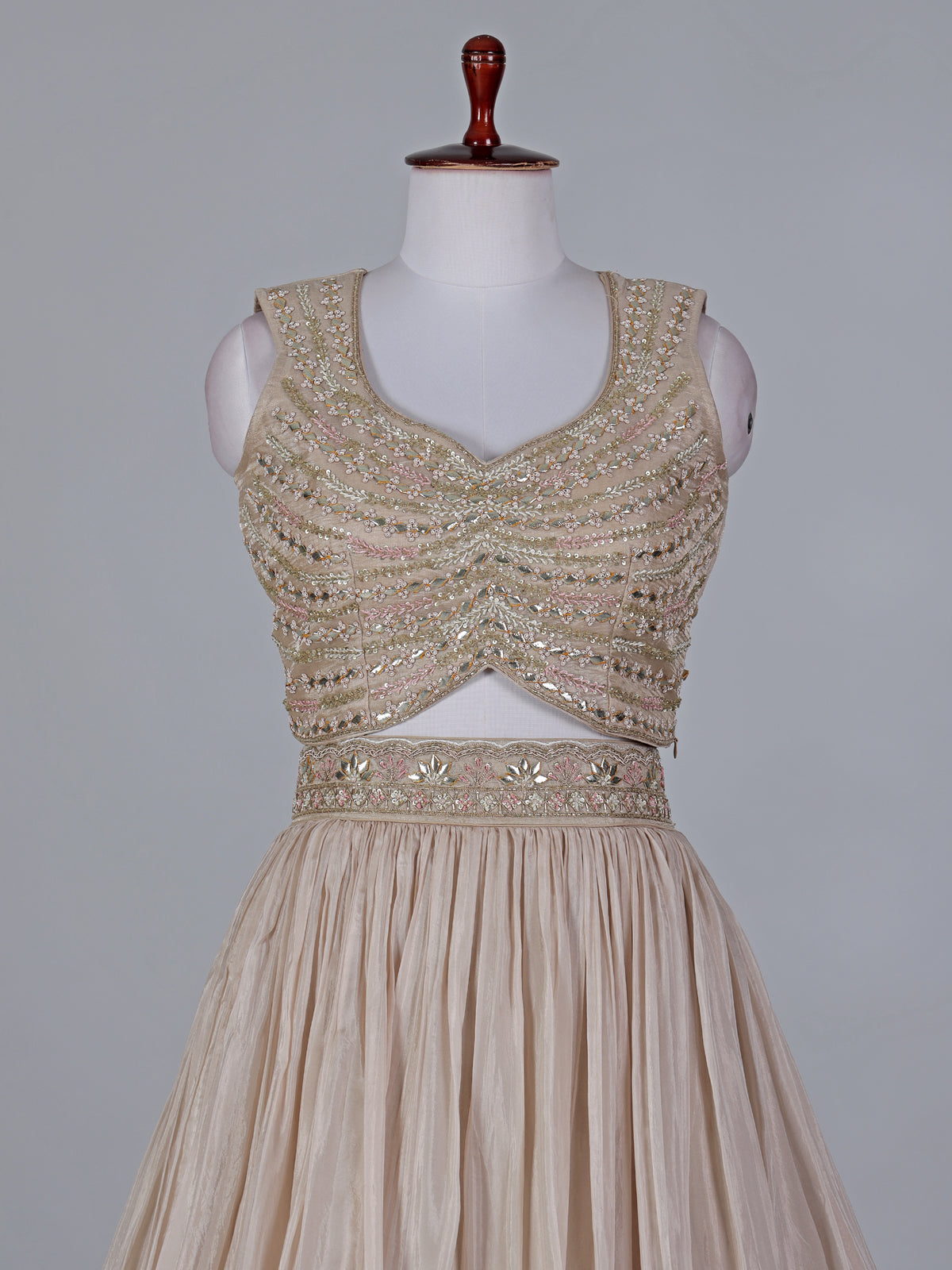 Beige reception wear lehenga choli in tissue silk